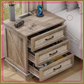Farmhouse Nightstand with Charging Station, 3 Drawers, USB & AC Ports, Rustic Wood Bedside Table for Bedroom