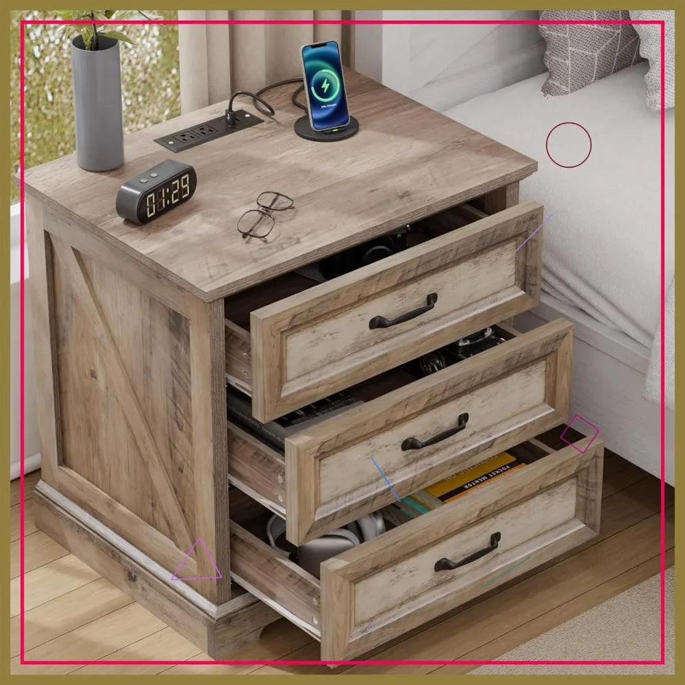 Farmhouse Nightstand with Charging Station, 3 Drawers, USB & AC Ports, Rustic Wood Bedside Table for Bedroom