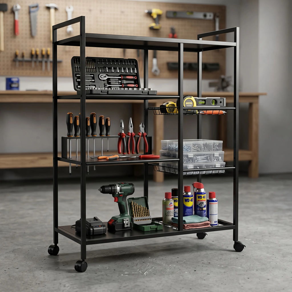 1pc Movable Storage Rack, Adjustable Kitchen Shelf with Baskets, Kitchen Organizer And Storage, Metal Shelf Rack with Wheels, Suitable for Garage, Pantry, Bathroom, Closet, Warm House Gift, New Home, Standing Shelf, Utility R