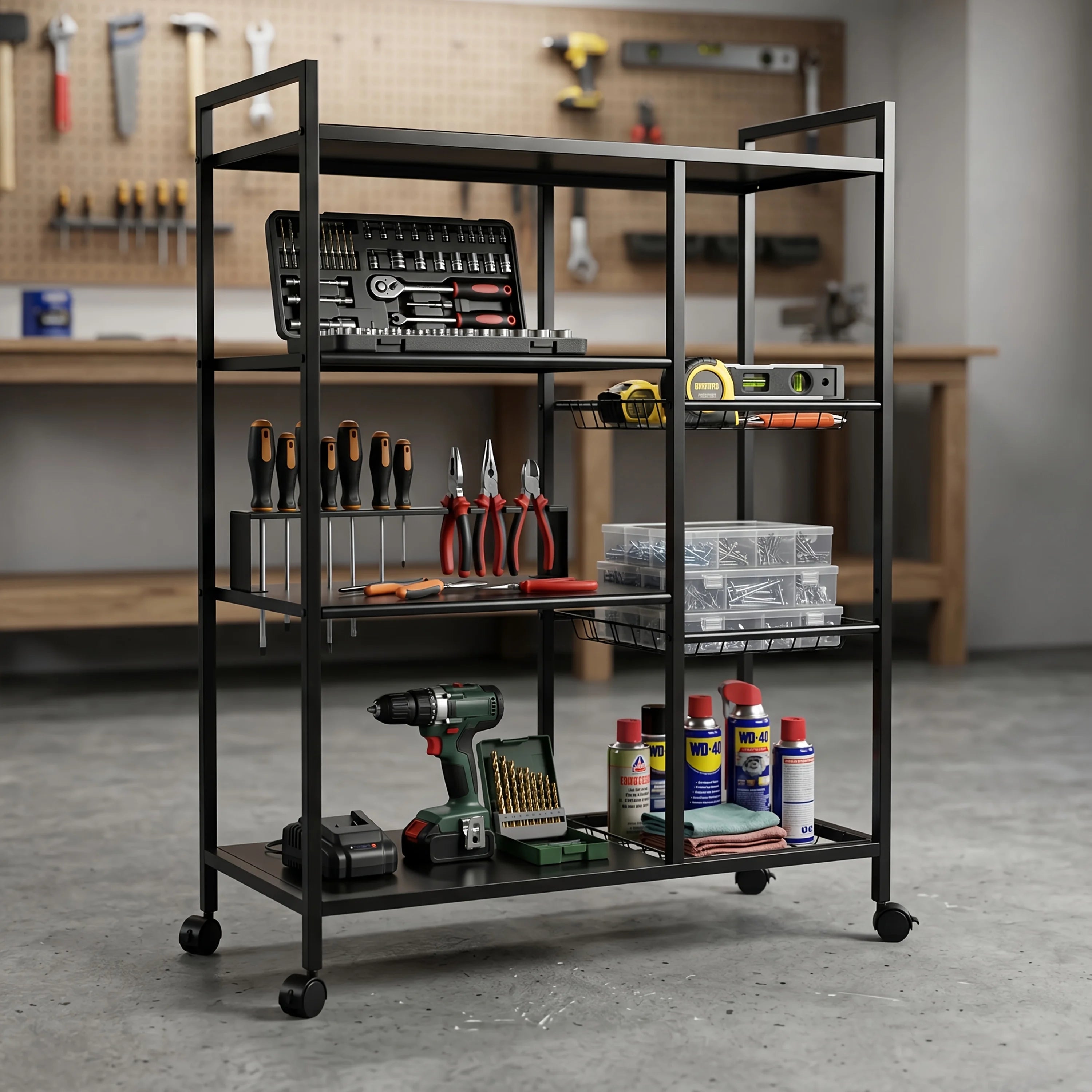 1pc Movable Storage Rack, Adjustable Kitchen Shelf with Baskets, Kitchen Organizer And Storage, Metal Shelf Rack with Wheels, Suitable for Garage, Pantry, Bathroom, Closet, Warm House Gift, New Home, Standing Shelf, Utility R