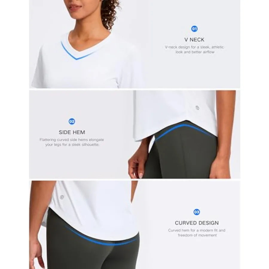 Womens Workout Shirts V-Neck Short Sleeve UPF 50+ Sun Shirt Moisture Wicking Dry Fit Top for Gym, Running, Athletic