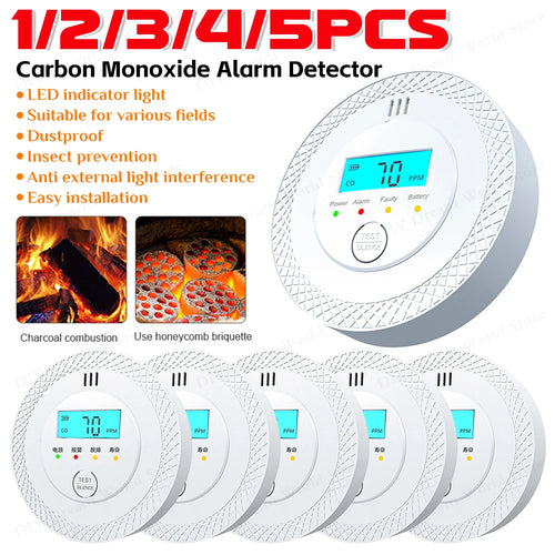 1-5PCS Carbon Monoxide Alarm Detector 85dB High Sensitive CO Alarm Sensor with LCD Display for Home Office Safety Protection ﻿