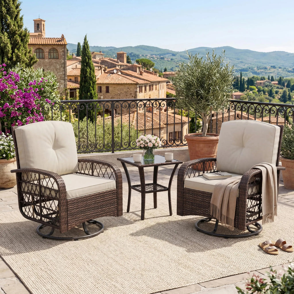 Outdoor Wicker Conversation Set, 3 PCS Swivel Rocker Chairs With Thick Cushions & Tempered Glass Table For Balcony Porch Patio