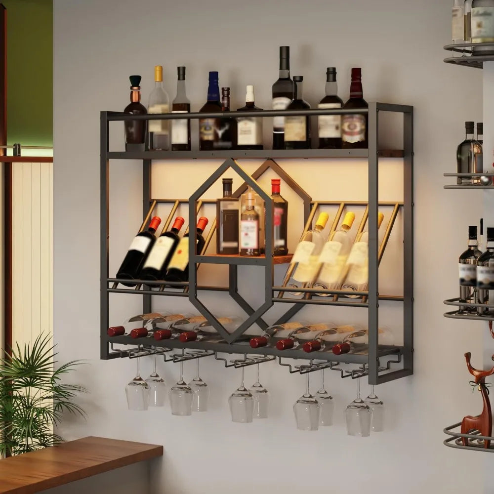 Wall Mounted Wine Rack with LED Light, 3 Tier Display Shelf, Hanging Liquor Storage for Kitchen and Bar