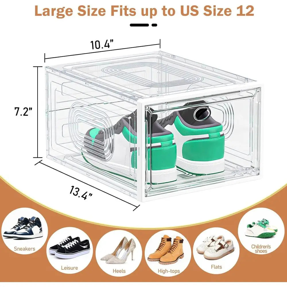 Stackable Shoe Storage Box with Magnetic Door, Thickened Design for Sneaker Display and Hat Organizer, White