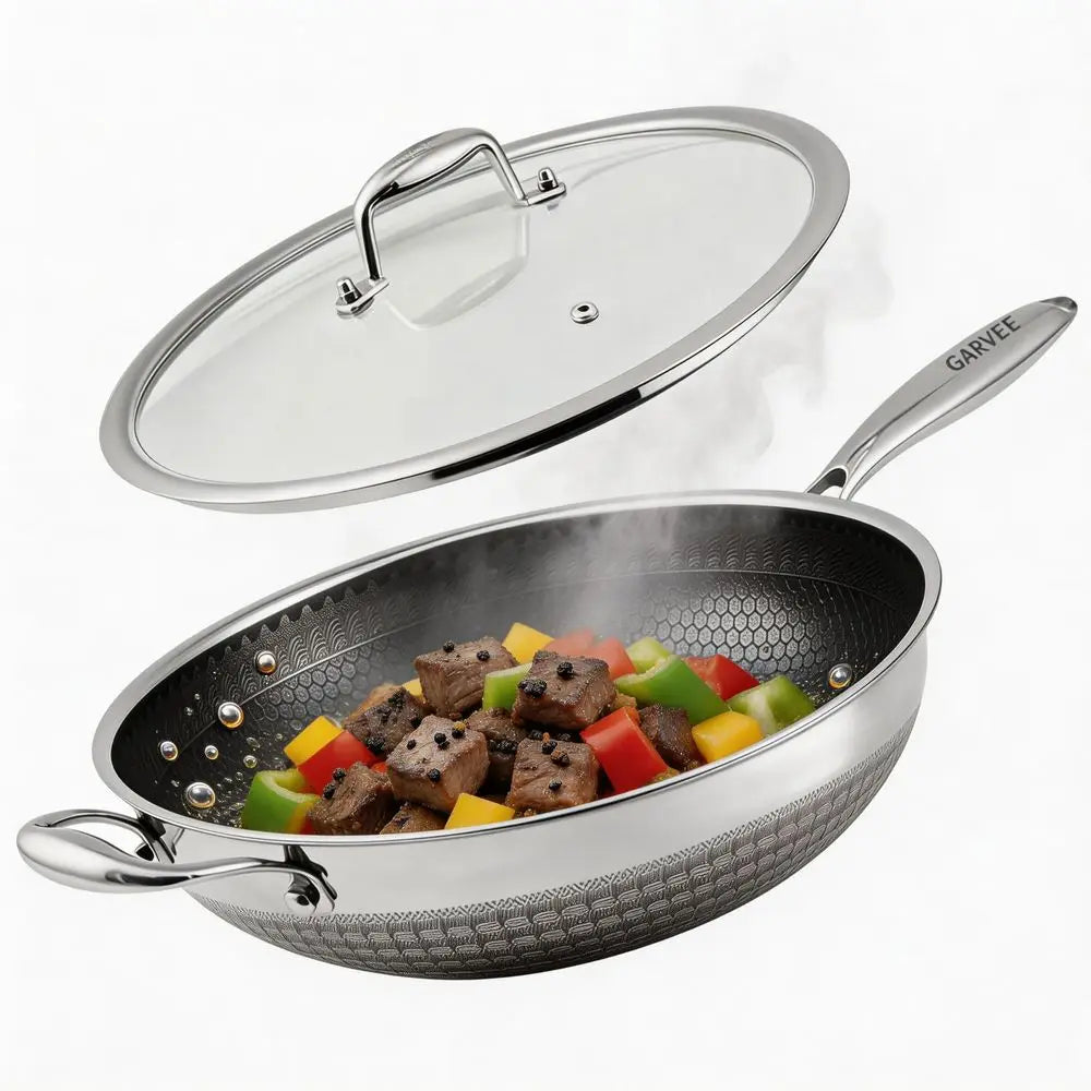 12 Inch Stainless Steel Wok Pan,4L Hybrid Woks StirFry Pans Nonstick with Snowclad Technology,Induction Cooking Pan with Lid,PF