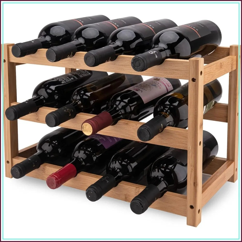 3-Tier Bamboo Wine Rack Holds 12 Bottles, Sturdy Countertop Storage for Kitchen Bar Dining Room, Easy Assembly