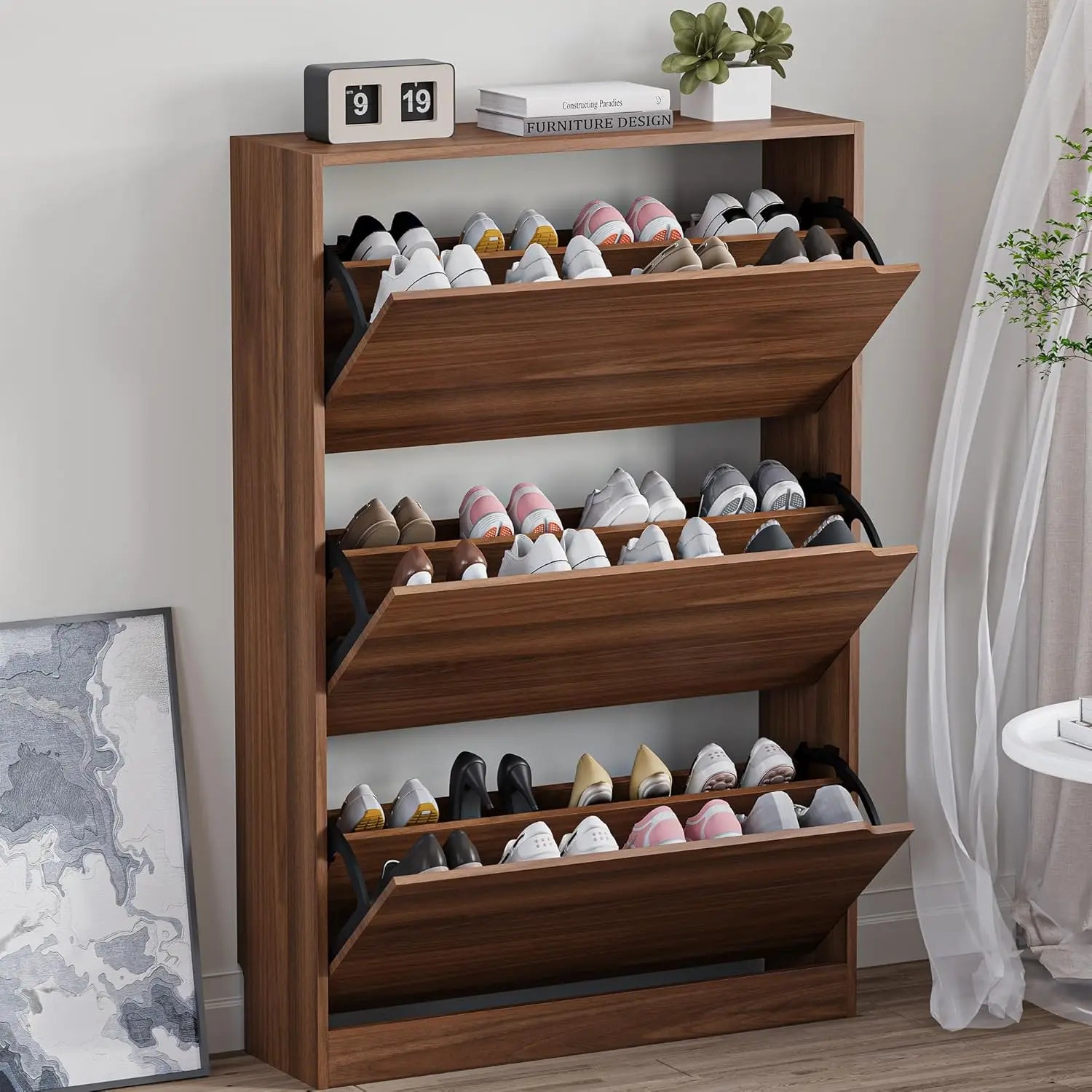 Slim Shoe Cabinet with 3 Flip Drawers, Adjustable Shelves, Freestanding Organizer for Entryway Hallway Closet Storage