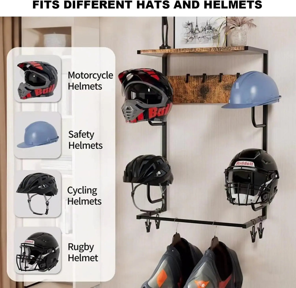 Motorcycle Helmet Holder Wall Mount, Iron Storage Motorcycle Helmet Rack with Hooks, 4 Hat Stands & 4 Gloves Clips