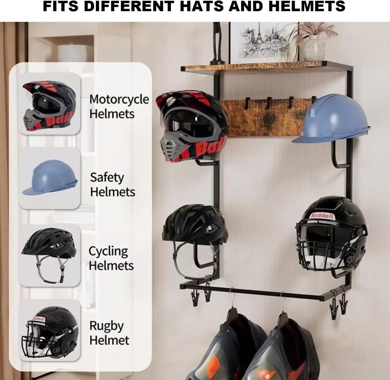 Motorcycle Helmet Holder Wall Mount, Iron Storage Motorcycle Helmet Rack with Hooks, 4 Hat Stands & 4 Gloves Clips