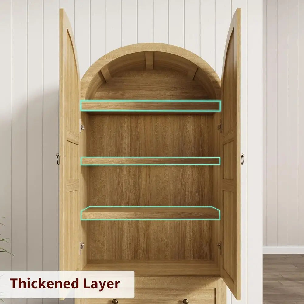 72 High Freestanding Farmhouse Kitchen Pantry Cabinet with Doors, Drawers, and Shelves, Natural Wood Storage for Dining & Living