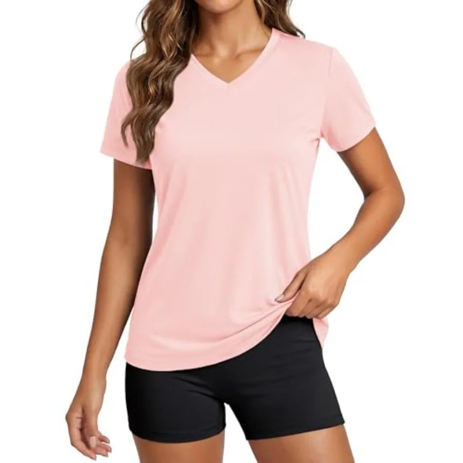 Women's Workout Tops Short Sleeve UPF 50+ Athletic Shirts Quick Dry V-Neck T-Shirt Moisture Wicking Gym Tee