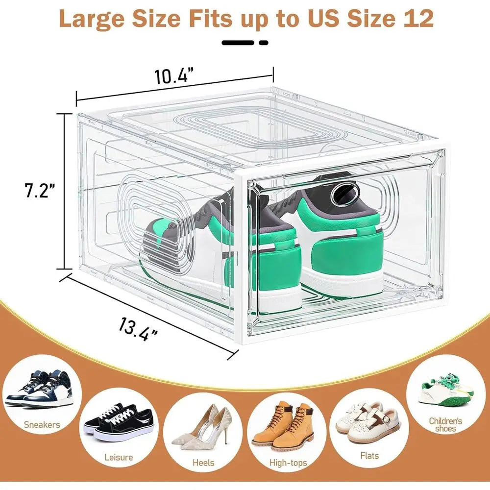 Stackable Shoe Storage Box with Magnetic Door, Thickened Design for Sneaker Display and Hat Organizer, White