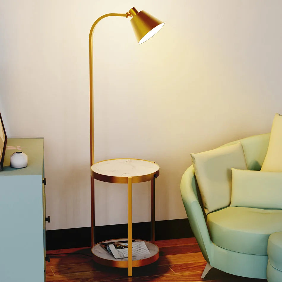 Modern Gold 2-Tier Tall Standing Floor Lamp with Storage Table Reading Light for Bedroom Office Living Room Reading Light