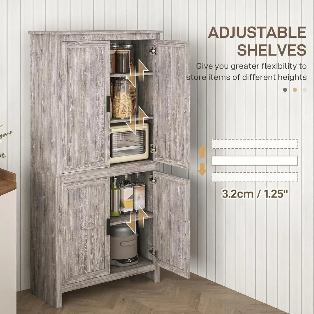 64" Kitchen Pantry Cabinet, freestanding Storage Cabinet with 4 Doors and 3 Adjustable Shelves or Dining Room, Gray Oak