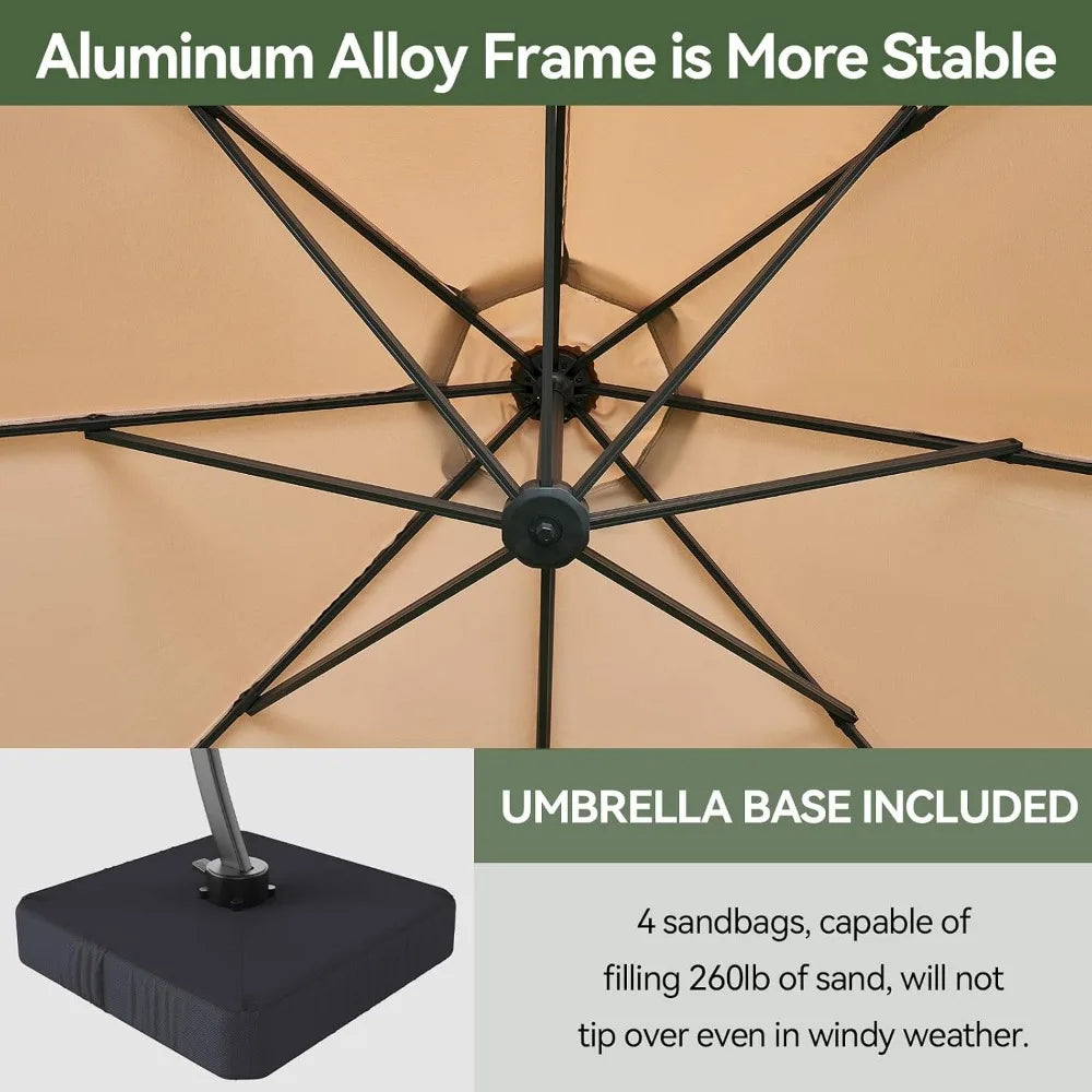 Large Heavy-Duty Cantilever Umbrella with 360° Rotation, Windproof Ribs for Outdoor Patios, Pools, Decks, Gardens
