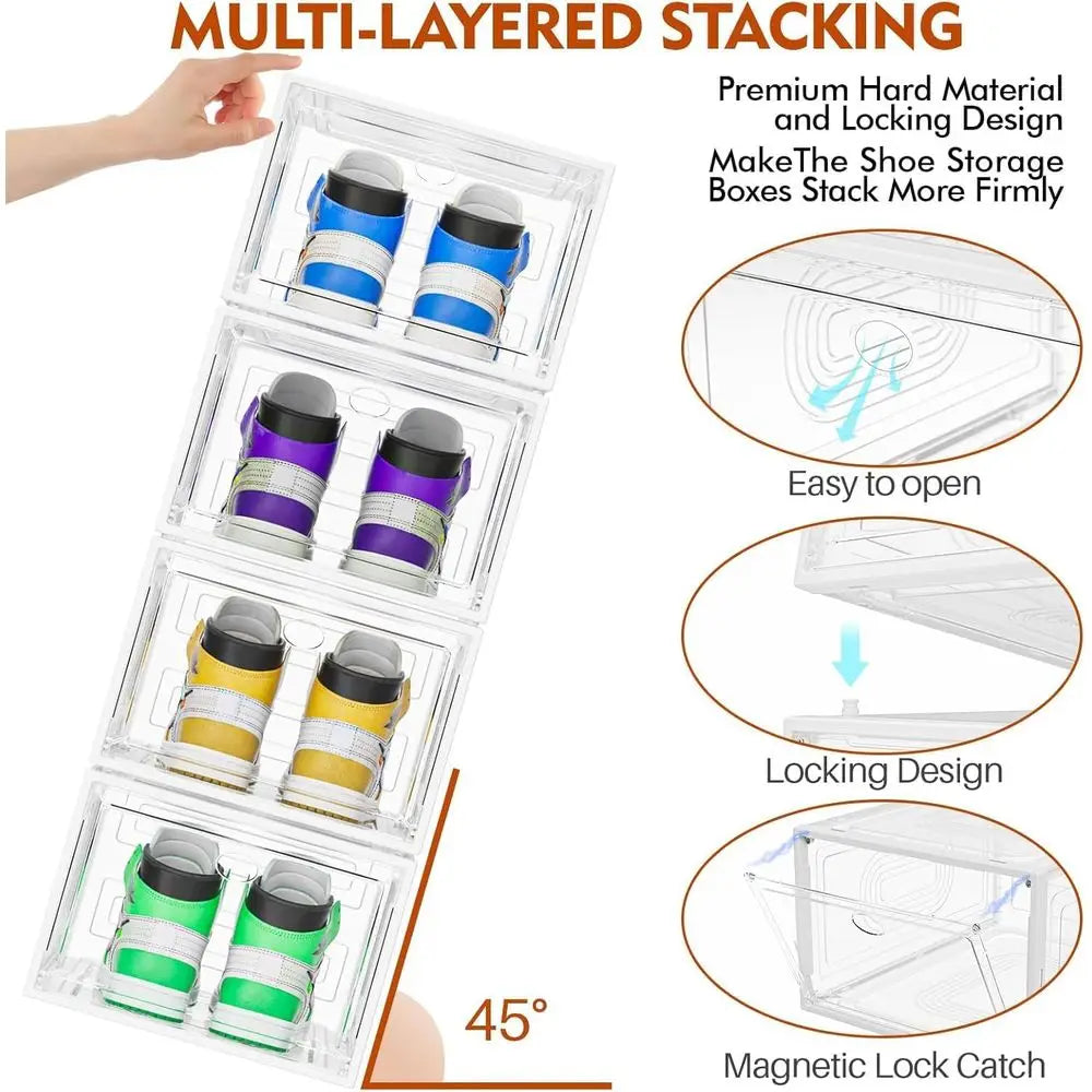 Stackable Shoe Storage Box with Magnetic Door, Thickened Design for Sneaker Display and Hat Organizer, White