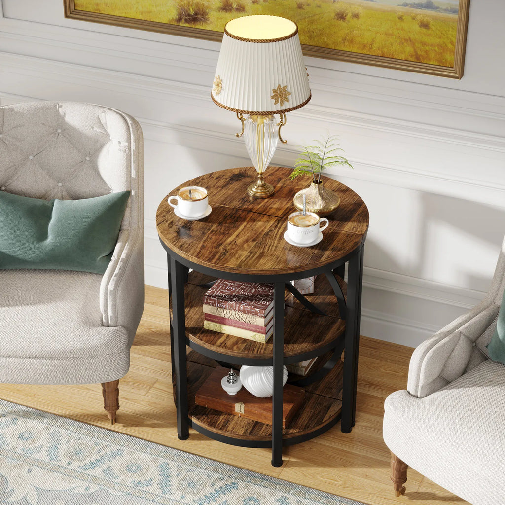Tribesigns Half Round End Table for Living Room, 3-Tier Half Side Table with Metal Frame, Industrial Table with Storage