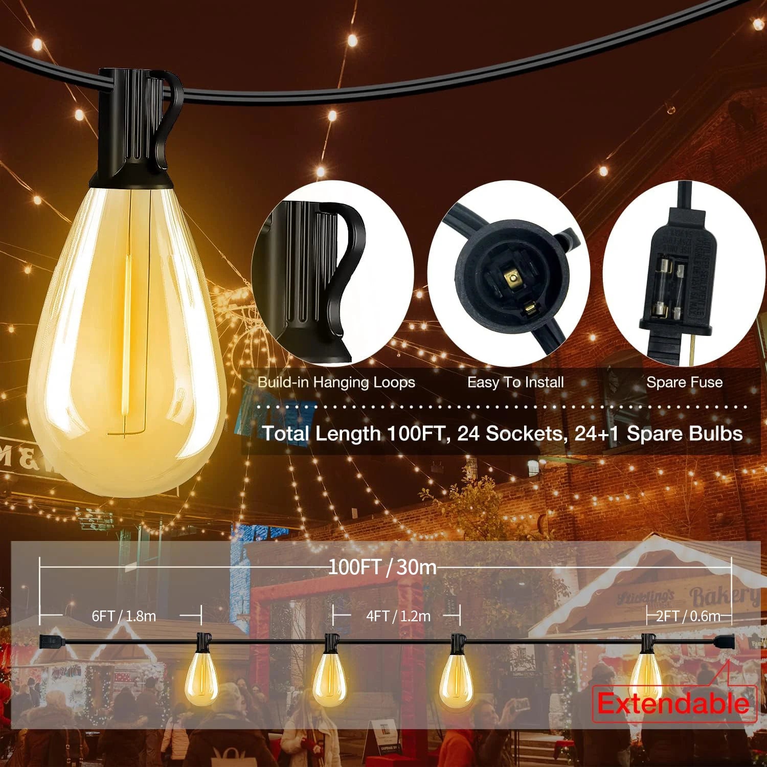 100FT S14 LED String Lights, 24 Bulbs, 2700K Warm White, E12 Base, Black Cord, High Voltage Outdoor Patio Lights