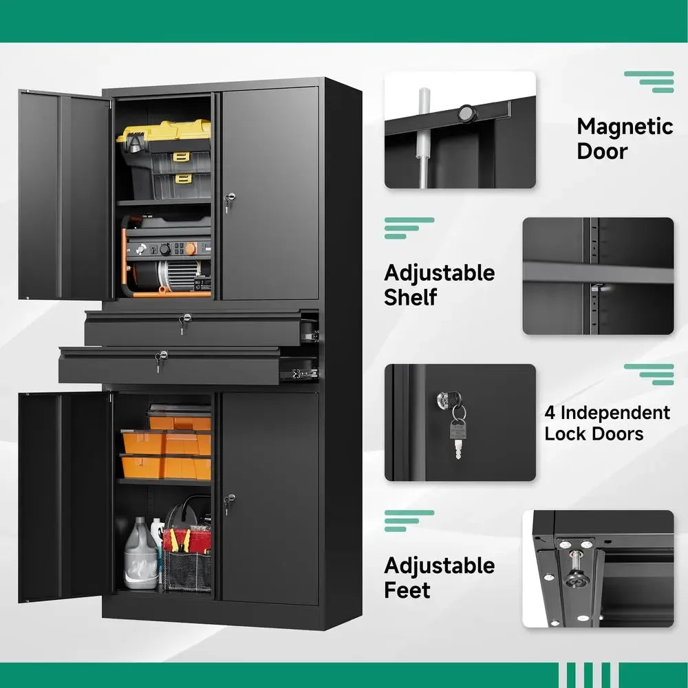 Metal Garage Storage Cabinet,71 Heavy Duty Steel Tool Cabinet with 4 Door LockAdjustable Shelves and 2 Drawer for Garage Home O