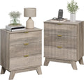 Nightstand Set 2, Bedside Table with 3 Drawers, Mid Century Modern Fluted Wood End Table, Farmhouse Nightstand for Bedroom, Grey
