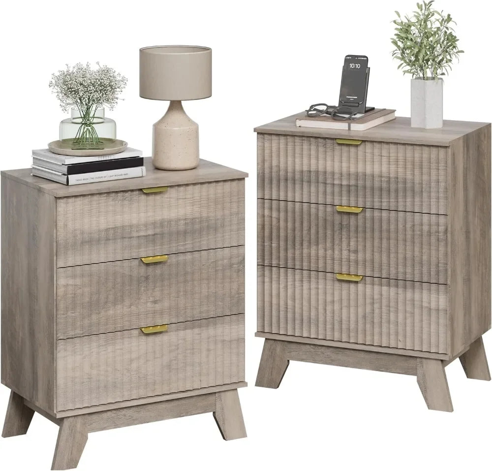 Nightstand Set 2, Bedside Table with 3 Drawers, Mid Century Modern Fluted Wood End Table, Farmhouse Nightstand for Bedroom, Grey
