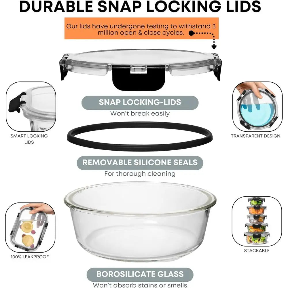 30 Glass Food Storage Containers with Lids - Reusable Meal Prep Containers or Lunch and Leftovers - Airtight & Leakproof Snap Lock
