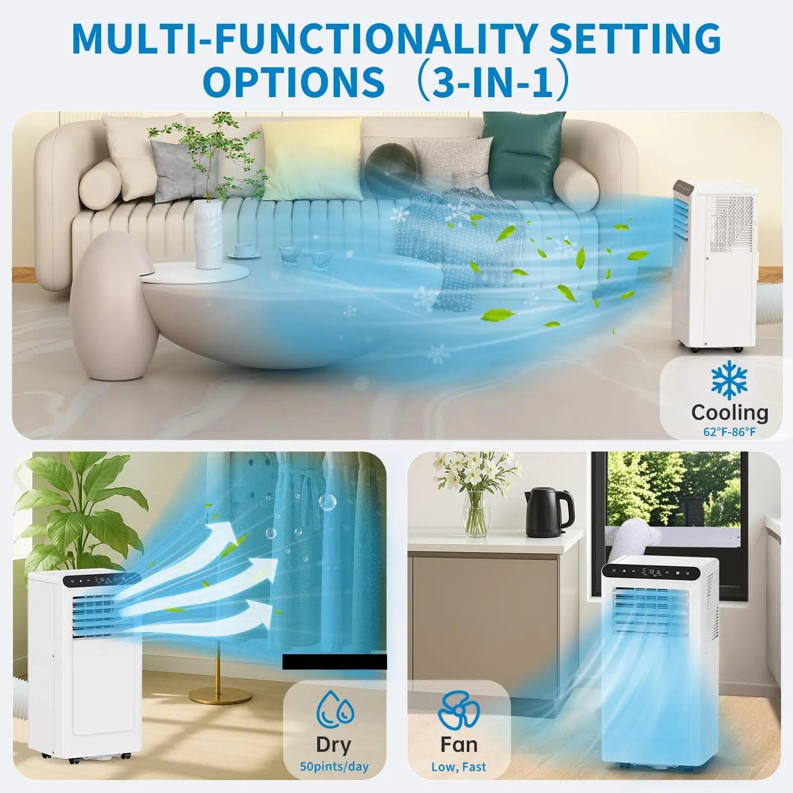 8000 BTU Portable Air Conditioners, 3 in 1 Smart Compact AC Unit, Personal Room Cooler, fan, Dehumidifier, Window Kit, Easy Mobility, for Home & Office up to 350 Sq.Ft.