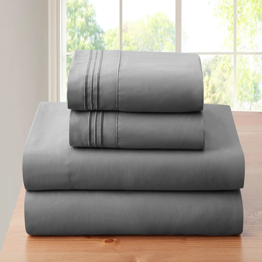 Bamboo 1800 Thread Count 4-Piece 3 Line Embroidered Sheet Set - Egyptian Luxury, Organic, 16 Inch Deep Pocket - Shrink, Fade Wrinkle Resistant