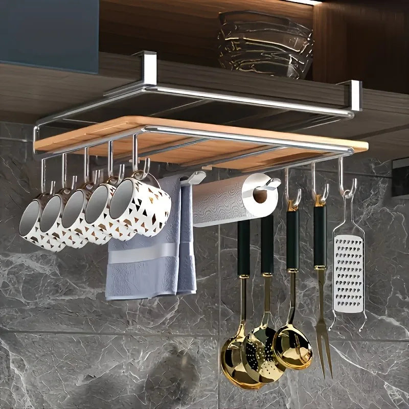 1PC Stainless Steel Hanging Kitchen Storage Rack with Hooks Paper Towel and Utensils Holder Cutting Board Storage Shelf