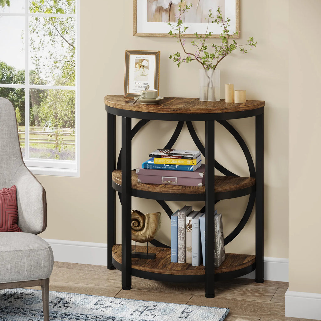 Tribesigns Half Round End Table for Living Room, 3-Tier Half Side Table with Metal Frame, Industrial Table with Storage