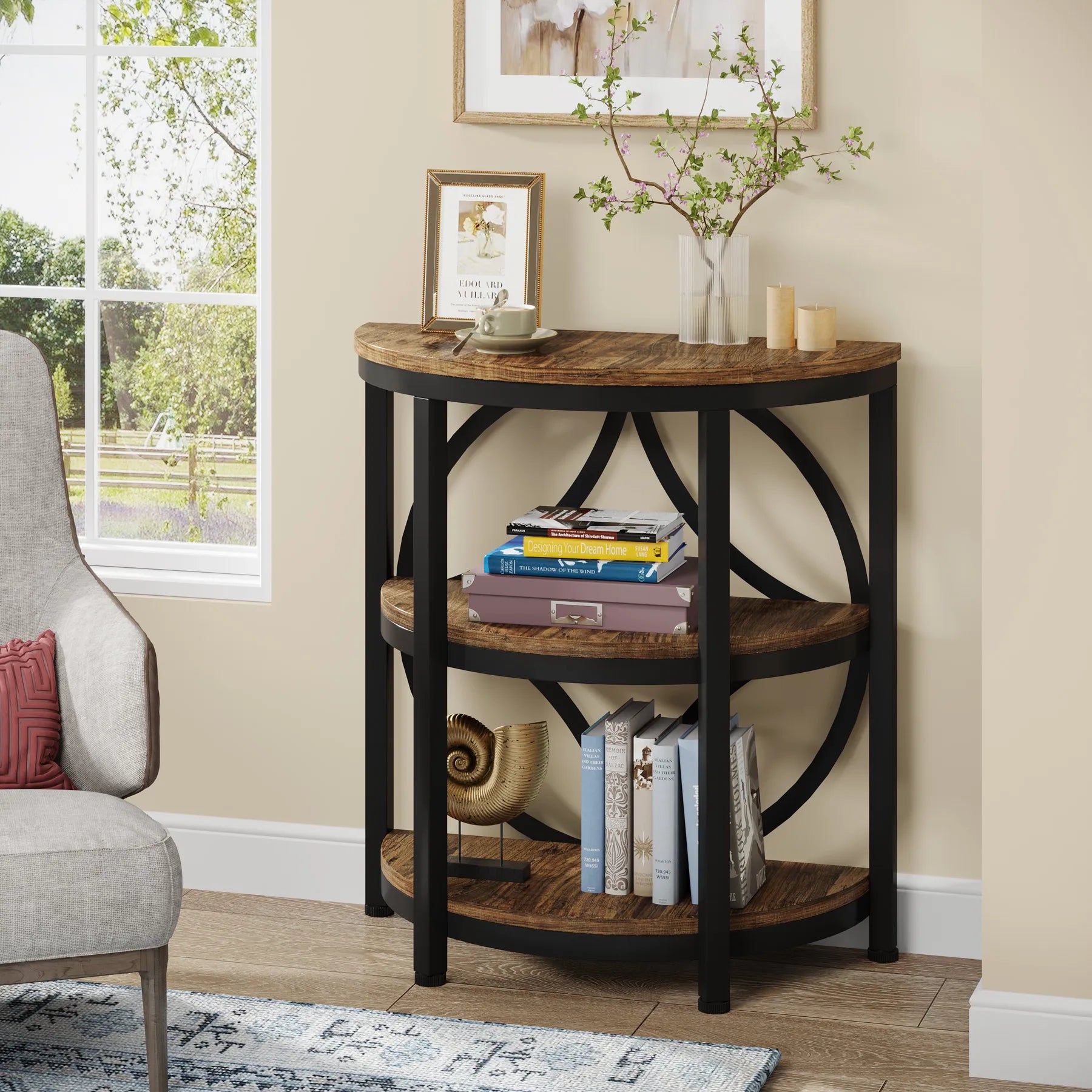 Tribesigns Half Round End Table for Living Room, 3-Tier Half Side Table with Metal Frame, Industrial Table with Storage