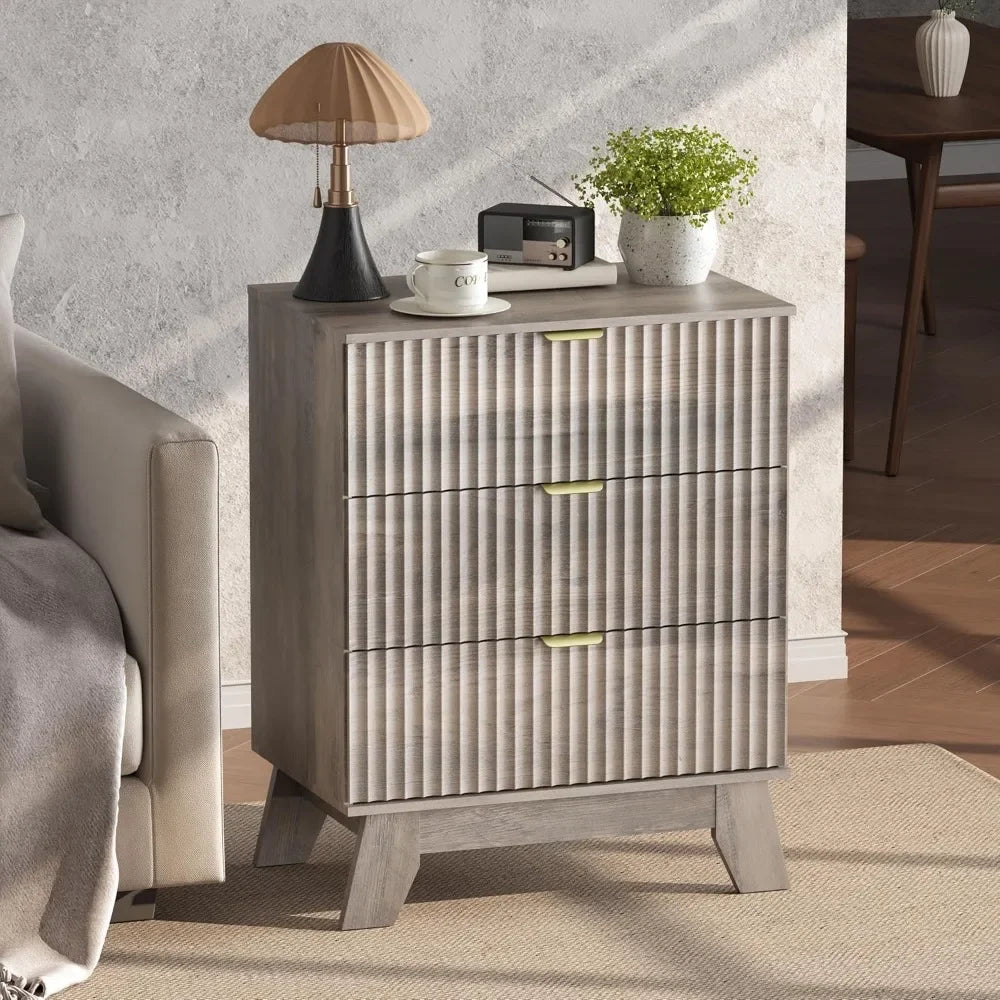 Nightstand Set 2, Bedside Table with 3 Drawers, Mid Century Modern Fluted Wood End Table, Farmhouse Nightstand for Bedroom, Grey