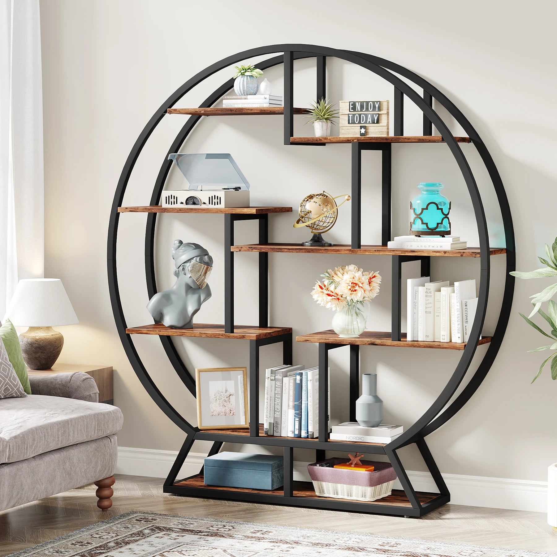 Tribesigns Bookshelf, Round Bookshelves Etagere c, 63-Inch Industrial Wood Book Shelf with Staggered Shelves