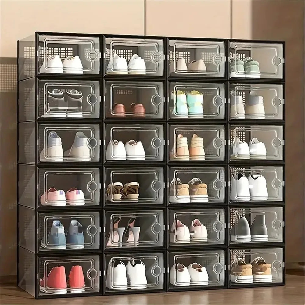 24pcs Large Stackable Plastic Shoe Storage Boxes Dustproof Transparent Display Cabinet for Men/Women Sports Shoes Boots Hat Organizer