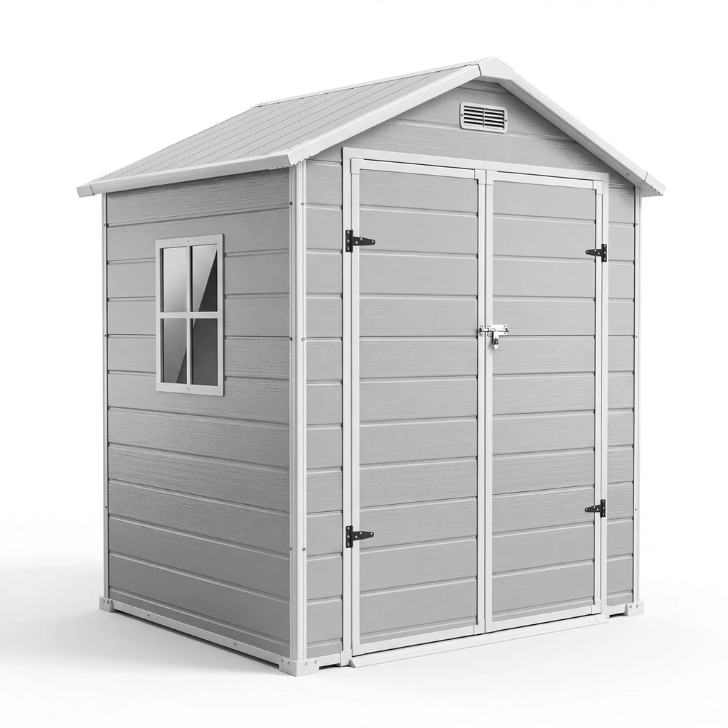 6x4 FT Resin Outdoor Storage Shed, Double Wall Waterproof Lockable Garden Tool Shed With Window, Double Doors For Bike Lawn Mower Patio