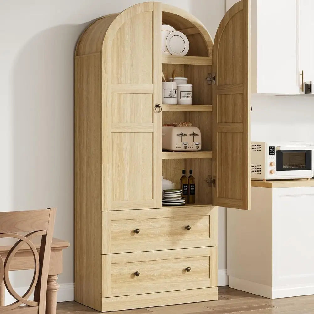 72 High Freestanding Farmhouse Kitchen Pantry Cabinet with Doors, Drawers, and Shelves, Natural Wood Storage for Dining & Living