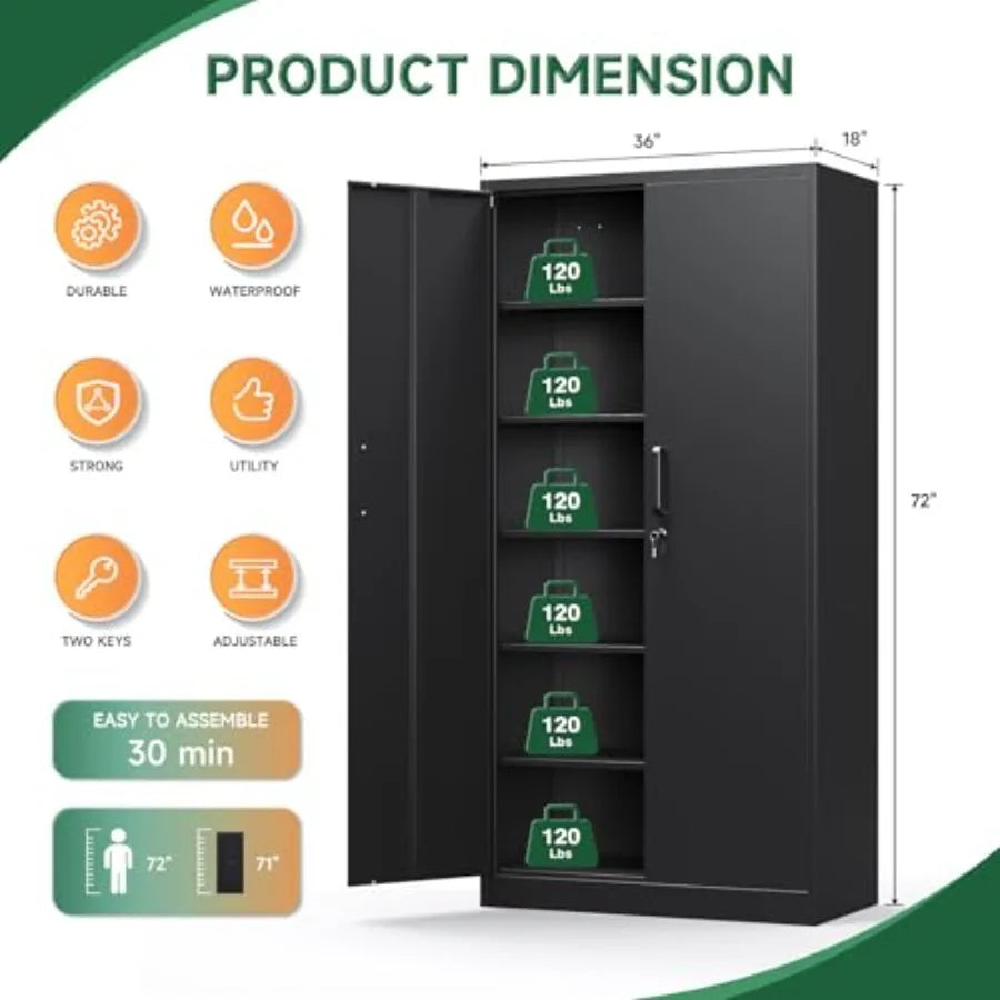 Metal Garage Storage Cabinets with Lock-72 Tall Tool Organizer Steel Lockers, 5 Adjustable Layers Shelves for Home, Office