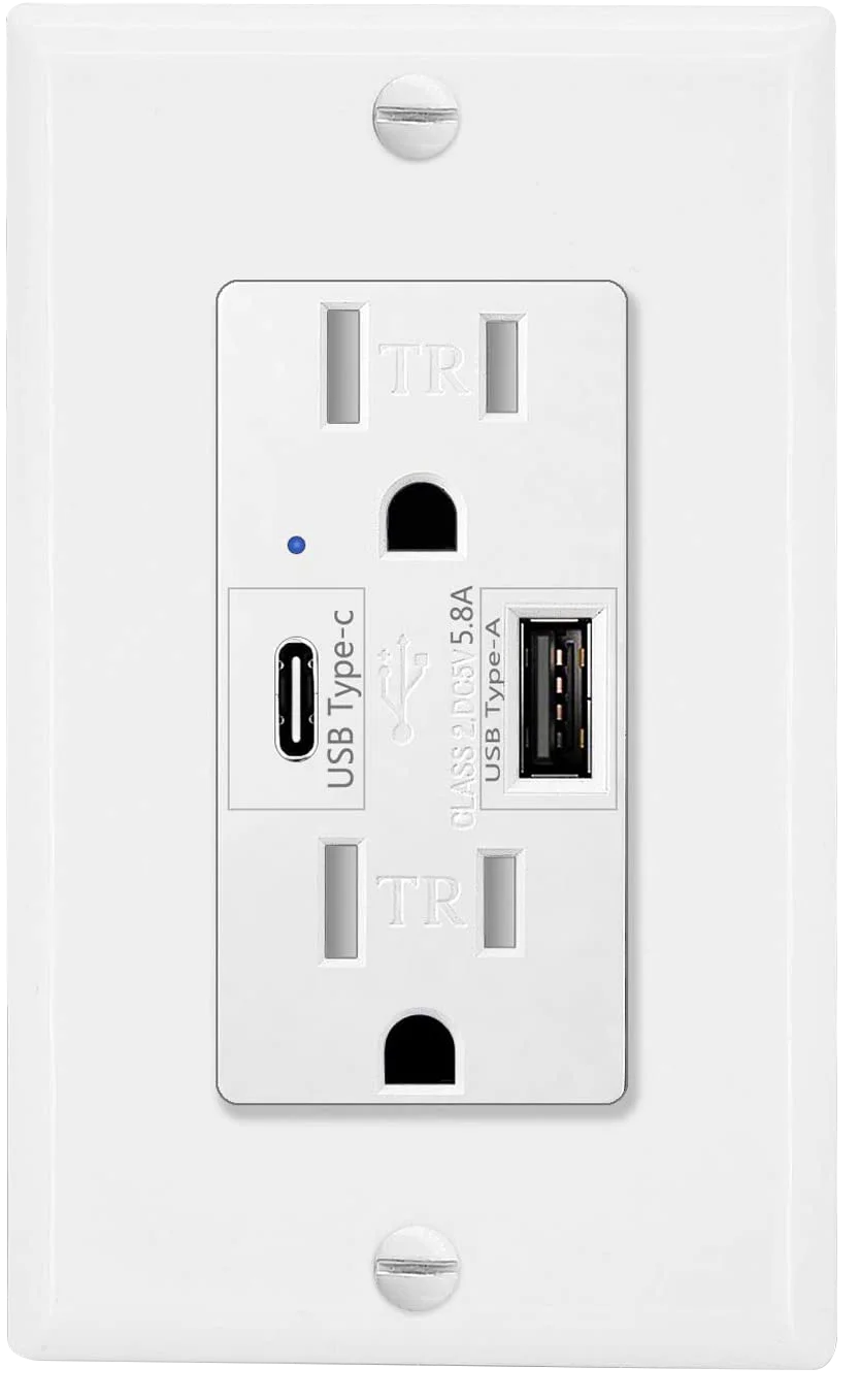 2PK 4.2/5.8A 110V Dual USB Port Type C Wall Socket with LED Indicator Charger AC Power Receptacle  Tamper Resistant Outlet Panel