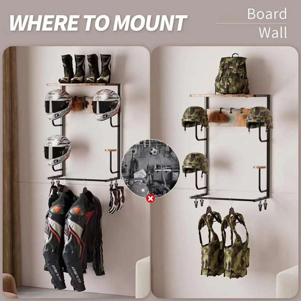 Motorcycle Helmet Holder Wall Mount, Iron Storage Motorcycle Helmet Rack with Hooks, 4 Hat Stands & 4 Gloves Clips