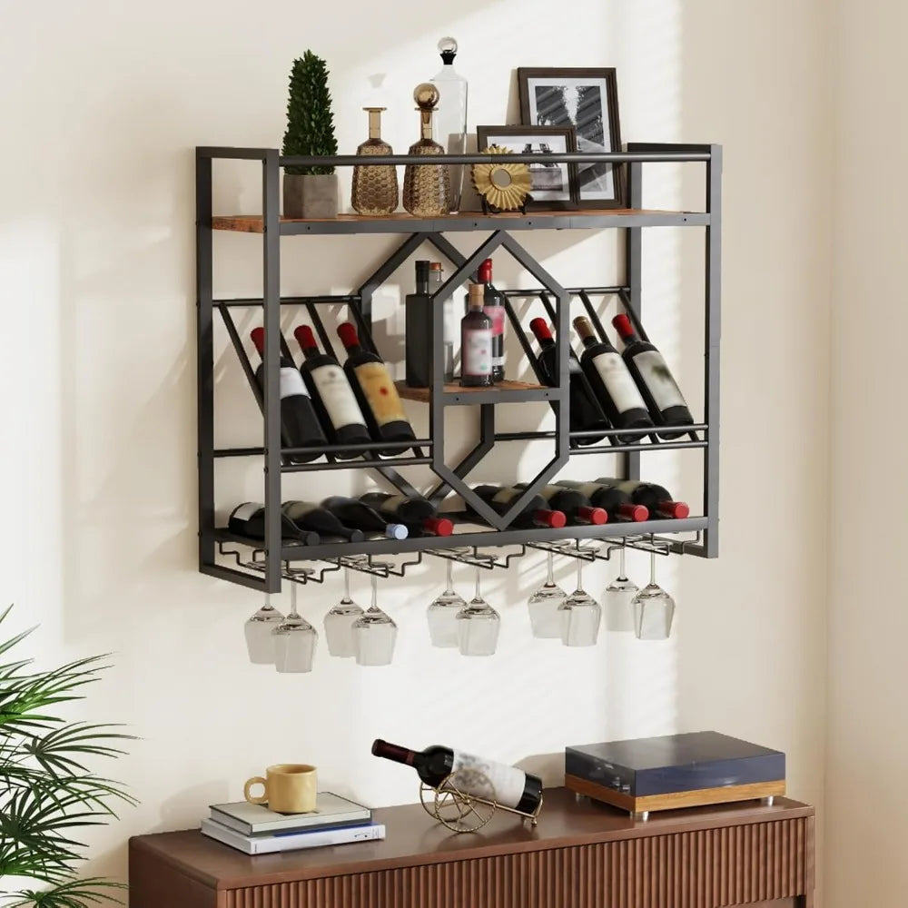 Wall Mounted Wine Rack with LED Light, 3 Tier Display Shelf, Hanging Liquor Storage for Kitchen and Bar