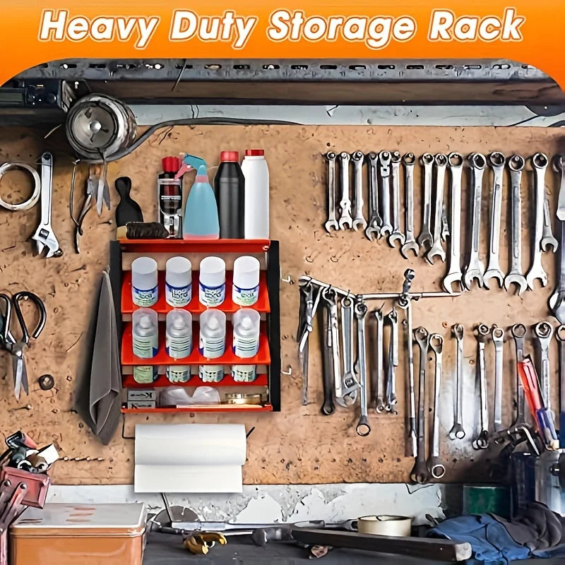 Heavy-Duty Steel Garage, Workshop, Kitchen Organizer - Wall Mounted Spray Tank & Paper Towel Rack with 8 Spray Tank Slots, Double Shelves, Tool Hooks - Space-Saving Heavy-Duty Storage Rack - Holds 100 lbs (46kg) - for Garage,