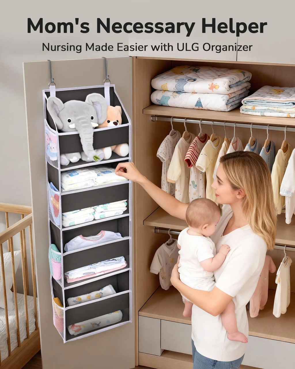 Over Door Organizer, 5-Shelf Hanging Storage w/ 5 Large Pockets, Anti-Tilt 44lb Load for Bedroom, Bathroom, Pantry, Nursery, Bla