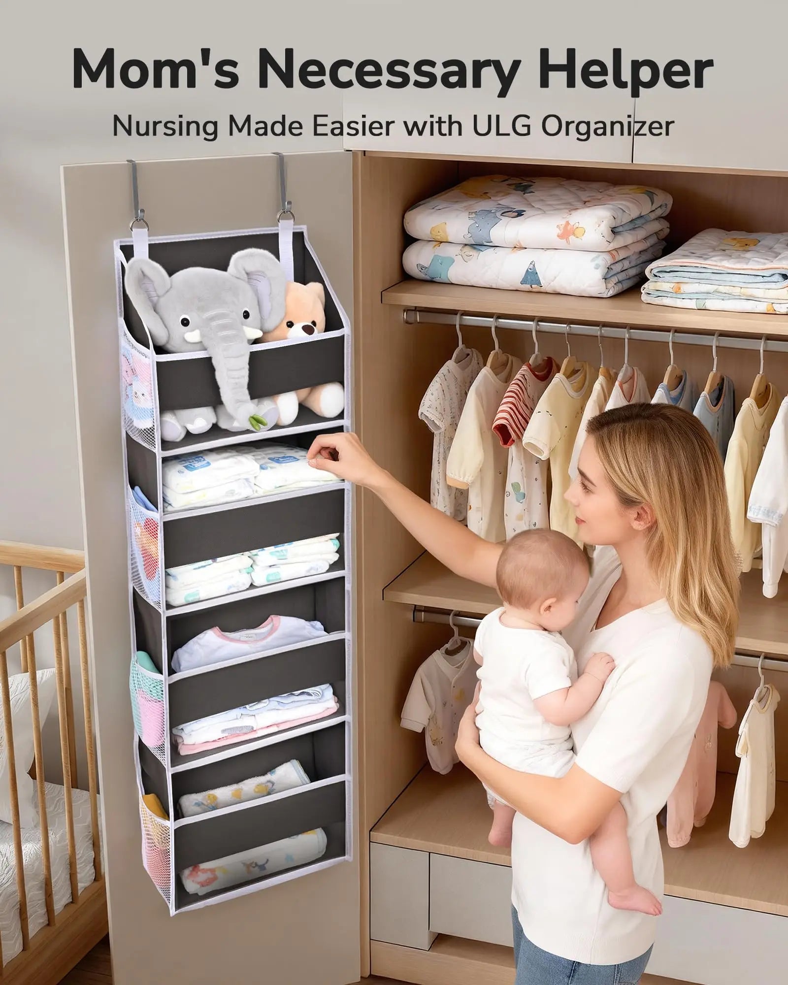 Over Door Organizer, 5-Shelf Hanging Storage w/ 5 Large Pockets, Anti-Tilt 44lb Load for Bedroom, Bathroom, Pantry, Nursery, Bla