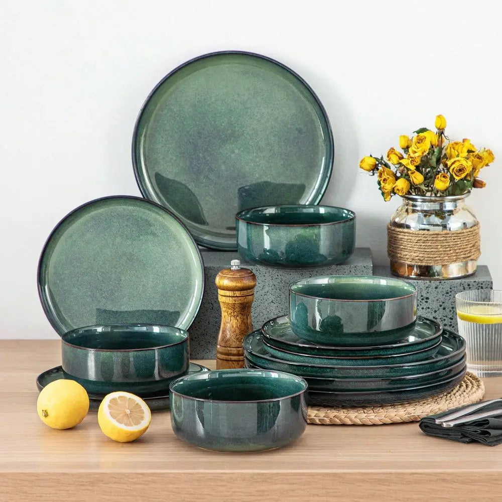 12 Pieces Kitchen Dinnerware Set, Green Set, Stoneware Dinnerware, Plate And Bowl Set For 4 Person, Round Plate With Vertical E