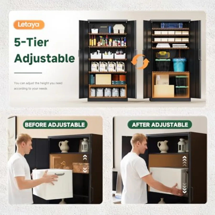 Metal Garage Storage Cabinets with Lock-72 Tall Tool Organizer Steel Lockers, 5 Adjustable Layers Shelves for Home, Office