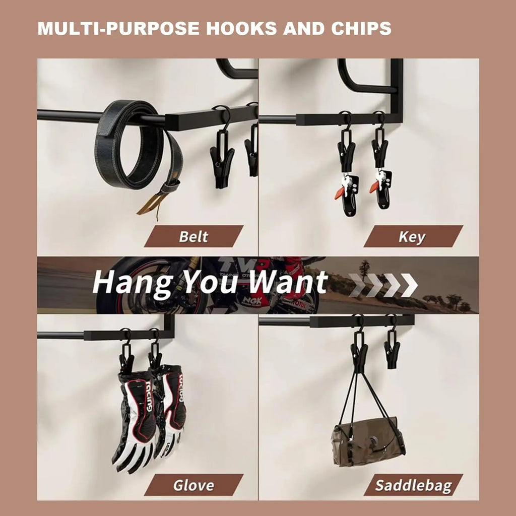 Motorcycle Helmet Holder Wall Mount, Iron Storage Motorcycle Helmet Rack with Hooks, 4 Hat Stands & 4 Gloves Clips