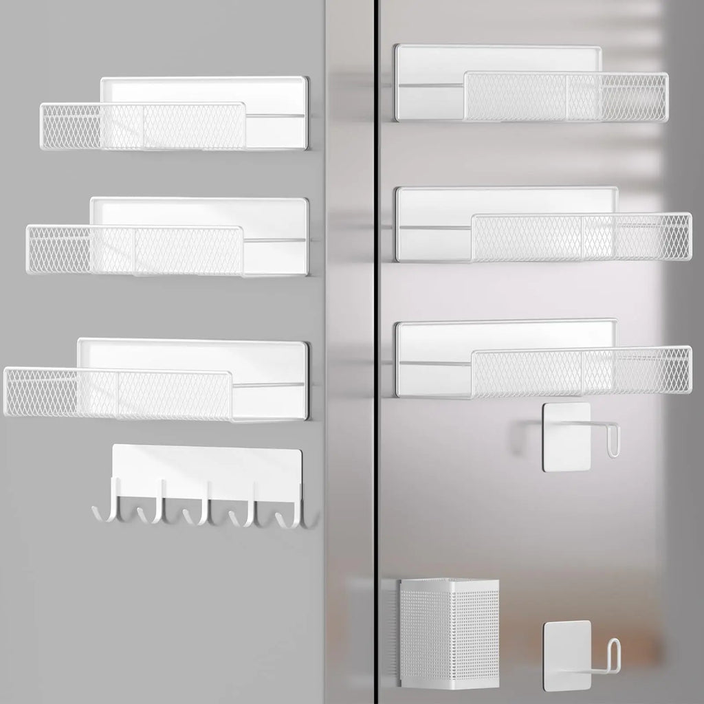 Refrigerator Magnetic Spice Rack, 6-piece 100% Metal Strong Magnetic Shelf Black, Space-Saving Spice Storage, Home Kitchen Laundry Storage Organization W/Tissue Rack, Cutlery Rack