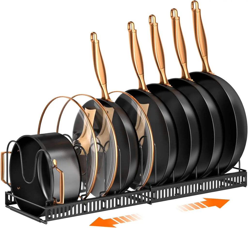 Expandable Pots and Pans Organizer Rack for Cabinet, Adjustable 10 Compartments Kitchen Cookware Holder for Pot Lid Cutting Board Bakeware Storage