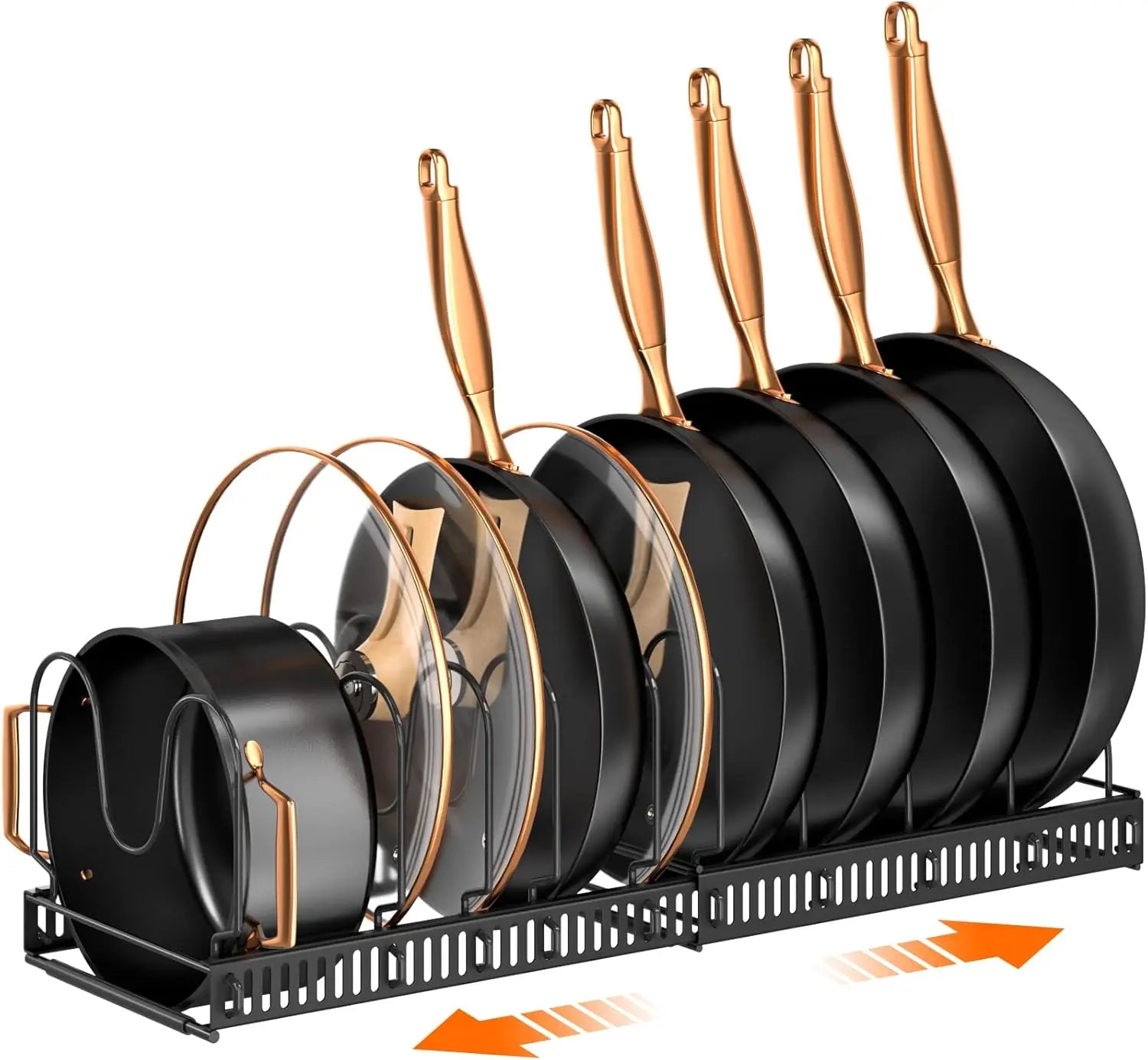 Expandable Pots and Pans Organizer Rack for Cabinet, Adjustable 10 Compartments Kitchen Cookware Holder for Pot Lid Cutting Board Bakeware Storage